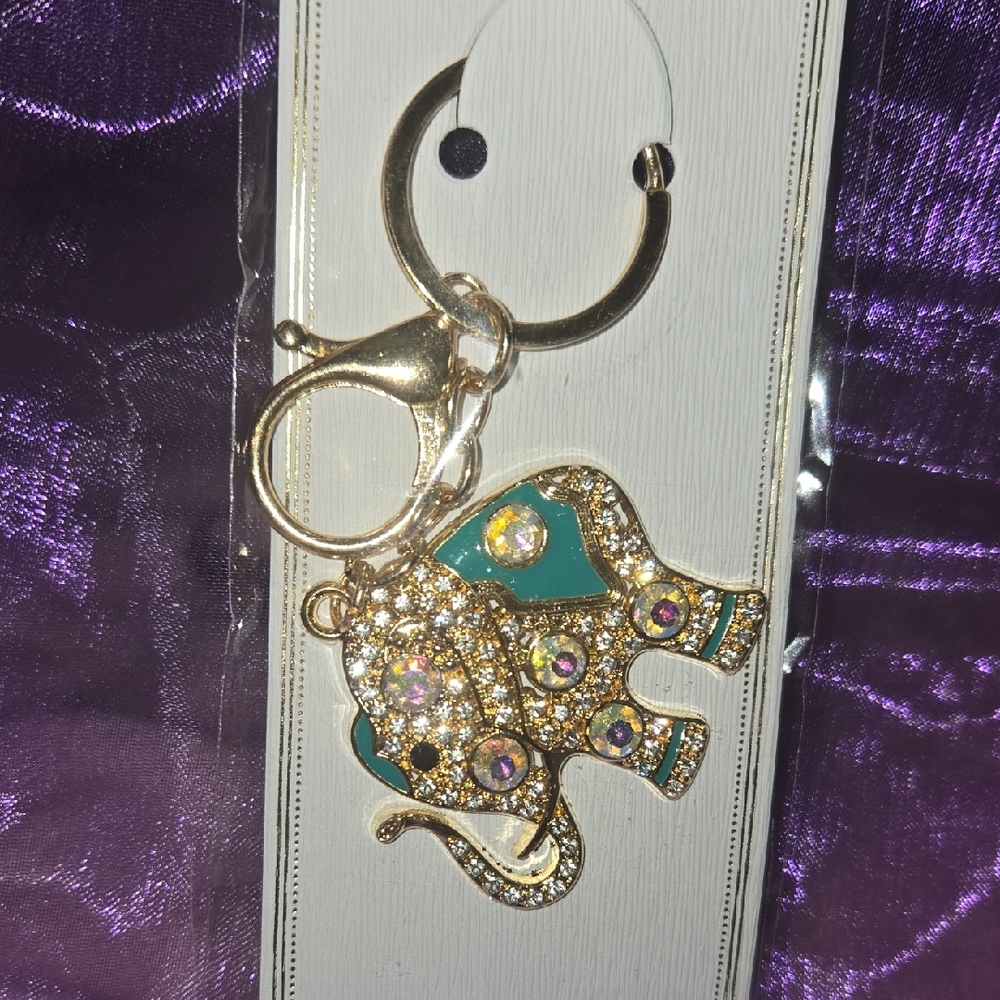 Gold Elephant Crystal Keychain with Teal Accent
